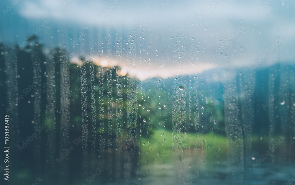 A window pane covered in raindrops, with a blurry view of a lush green landscape and a hazy sky. A window pane covered in raindrops, with a blurry view of a lush green landscape and a hazy sky.