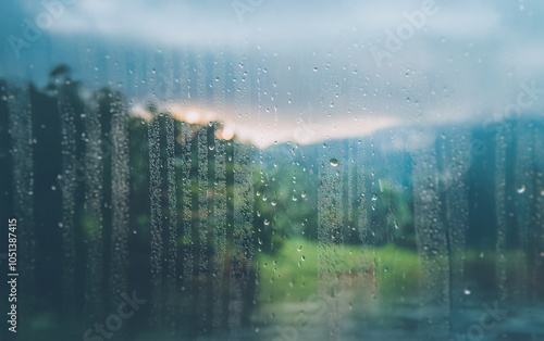 Wallpaper Mural A window pane covered in raindrops, with a blurry view of a lush green landscape and a hazy sky. Torontodigital.ca