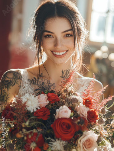 Beaurtiful bride wearing a  wedding dress, smiling and holding a bouquet of luxury flowers. photo