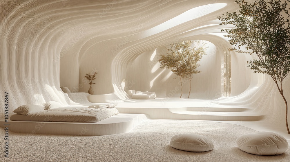 Fototapeta premium Modern minimalist bedroom interior with white walls, a bed, and a tree in the window.