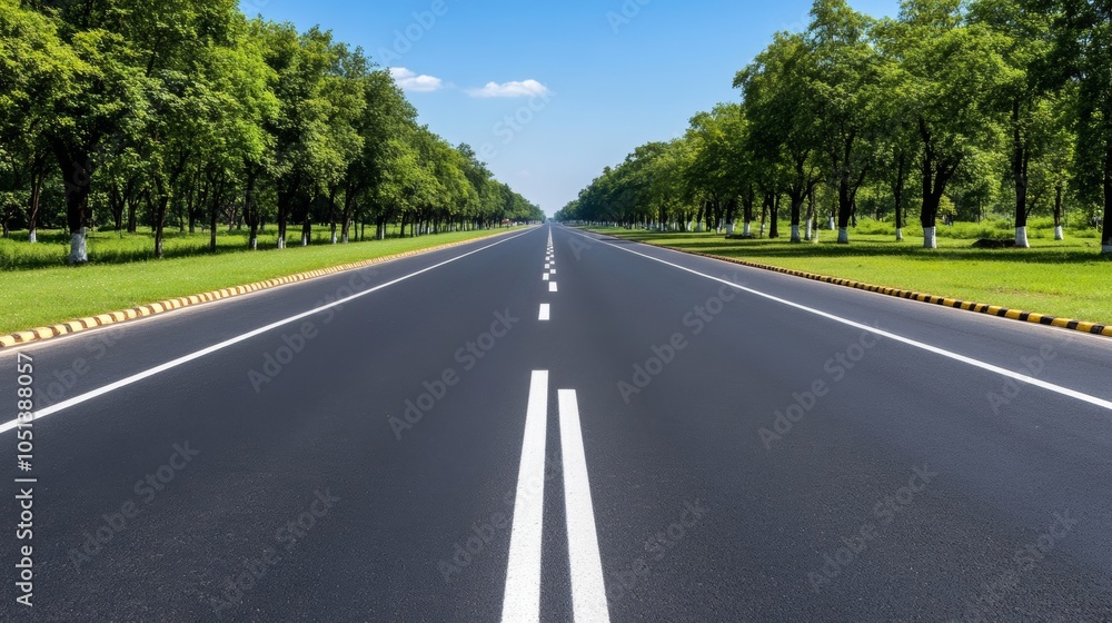 Empty Asphalt Road with Green Trees and Blue Sky Perfect for Travel Transportation and Empty Asphalt Road with Green Trees and Blue Sky Perfect for Travel Transportation and