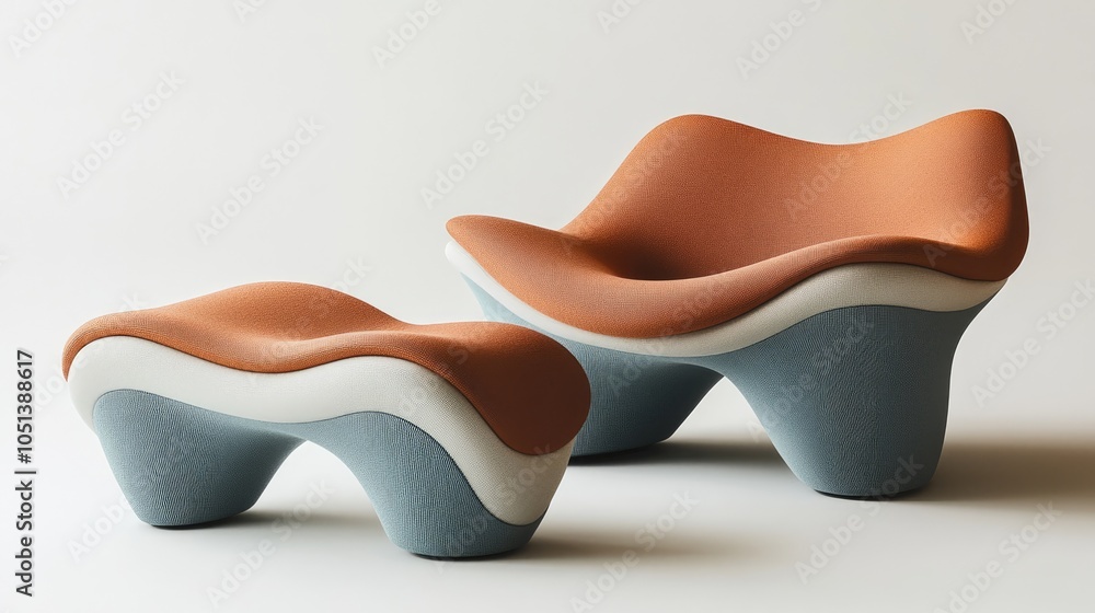 Modern orange and blue armchair and ottoman set on a white background. Modern orange and blue armchair and ottoman set on a white background.
