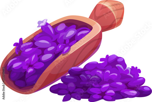 Cartoon wooden scoop filled with lavender flower petals, with some scattered nearby, evoking a sense of nature and relaxation. Isolated vector dried vibrant purple aromatic cosmetic herbs or blossoms