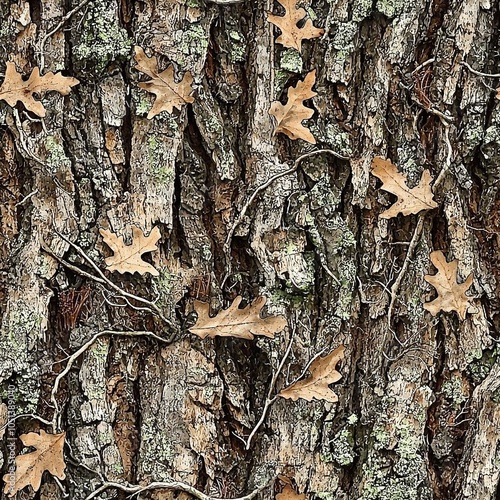 Oak Tree Bark Seamless Hunting Camo Pattern, Oak Leaves and Branches Camouflage Texture