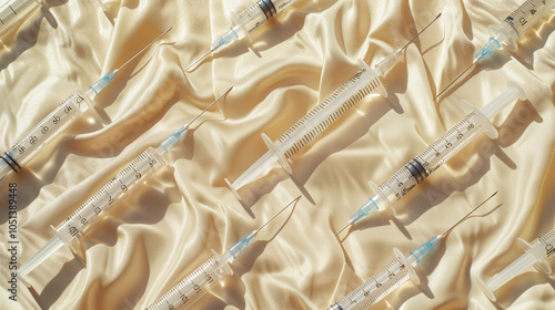 Close-Up of Multiple Botox Syringes on Beige Fabric Tablecloth: A Collection of Essential Aesthetic Injectables for Beauty Enhancement photo