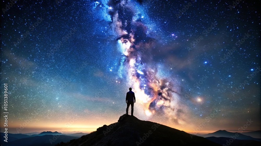 Fototapeta premium A Solitary Figure Gazes Upward at the Milky Way's Celestial Tapestry, Embracing the Infinite Vastness of the Night Sky