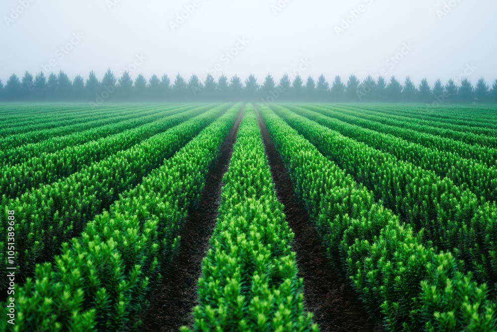 Foggy Early Morning in a Pine Plantation: Orderly Rows of Trees Ready for Harvest Foggy Early Morning in a Pine Plantation: Orderly Rows of Trees Ready for Harvest