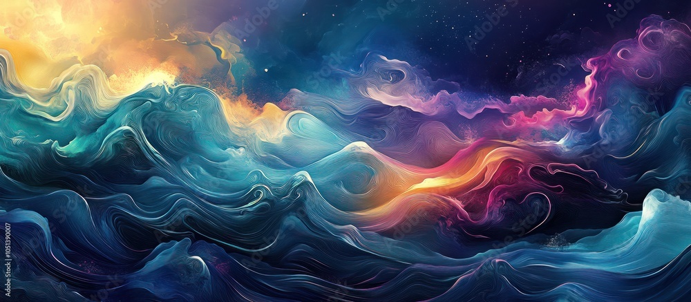 Abstract painting of colorful flowing waves against a dark starry sky. Abstract painting of colorful flowing waves against a dark starry sky.