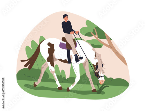 Disobedient horse grazing while riding. Uncontrolled equine behavior. Silly stallion eating grass during work with rider, horseman challenge. Flat vector illustration isolated on white background