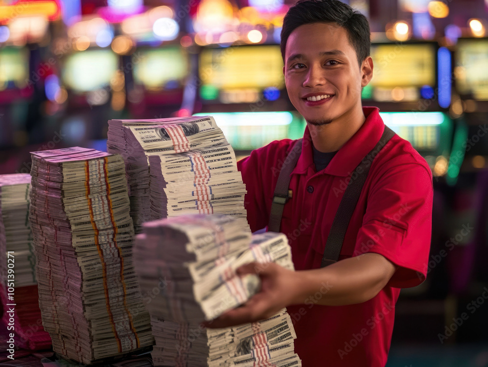 Happy casino worker holds heaps of cash stacks