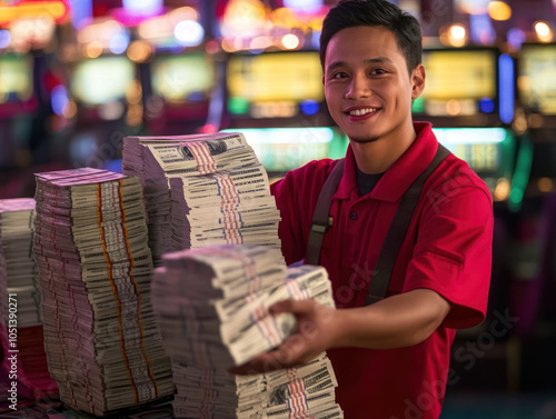 Obraz na płótnie Happy casino worker holds heaps of cash stacks w salonie