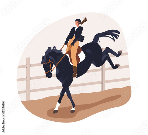 Bucking horse, dangerous unsafe behavior. Disobedient unruly stallion. Angry fierce scared equine action, problem during riding. Rider in danger. Flat vector illustration isolated on white background