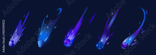 Blue asteroid with fire. Space meteor trail in sky vector. Meteorite stone fall with flare glow tail effect for cosmic shower. Rock planet speed flying illustration with sparkle neon flash light
