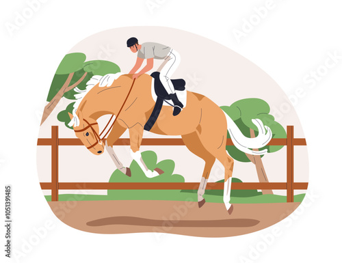 Bucking crow-hopping horse. Disobedient dangerous behavior. Unruly uncontrolled wild stallion, throwing off rider. Equine disobedience, problem. Flat vector illustration isolated on white background