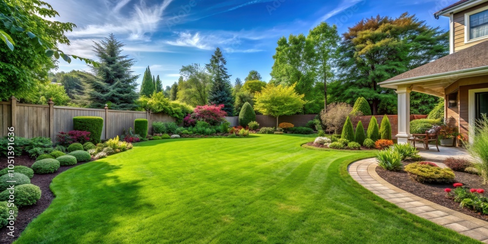 Fototapeta premium Beautiful backyard with perfectly trimmed lawn surrounded by lush greenery , garden, private, house, yard, grass