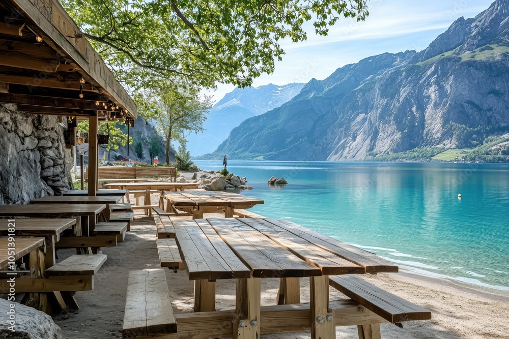 Fototapeta premium Tranquil lakeside cafe with alpine background