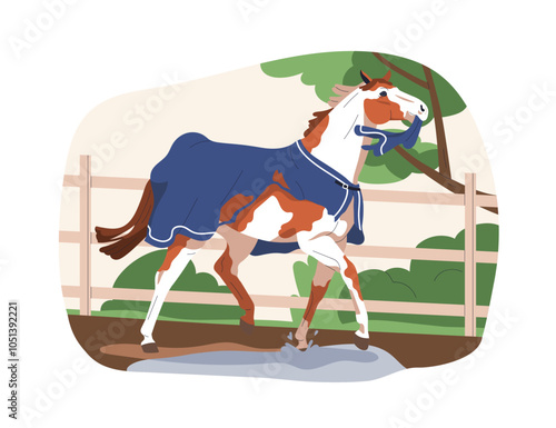 Horse ripping, tearing off rug. Mischievous disobedient stallion. Bad equine behavior. Naughty silly steed damaging, biting blanket, sheet. Flat vector illustration isolated on white background