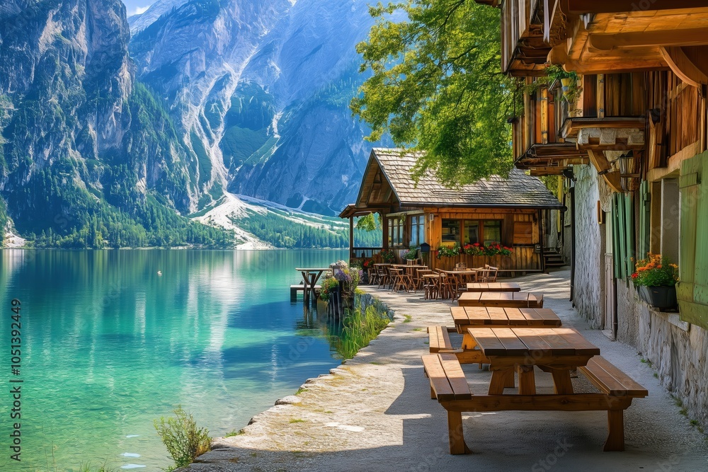 Naklejka premium Serene lakeside cafe in a peaceful mountain setting