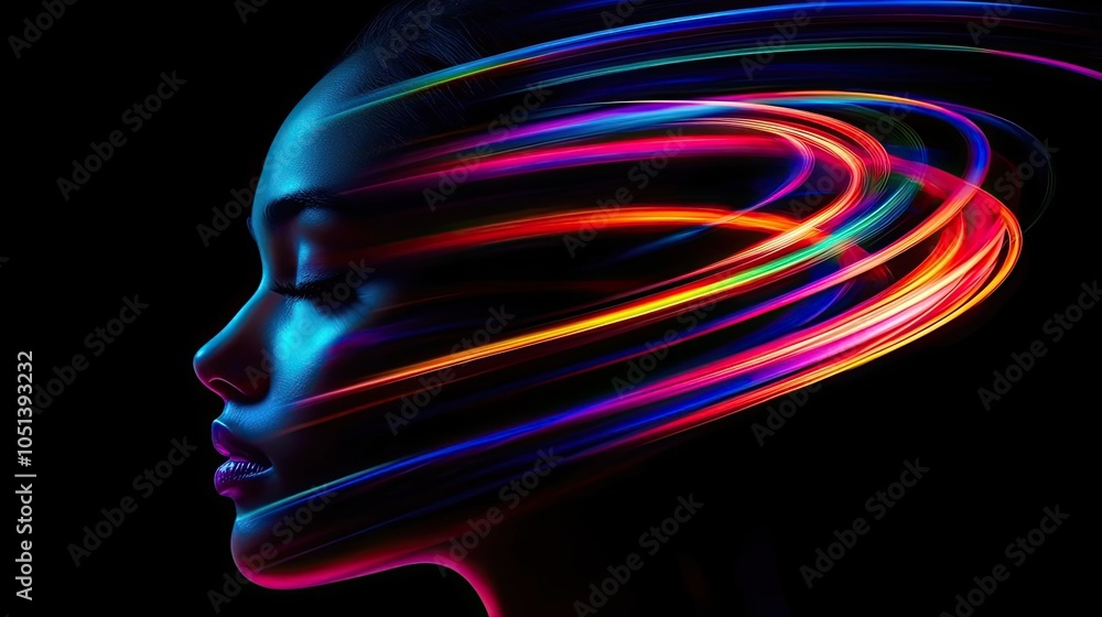 Abstract portrait with vibrant light patterns on a dark background.