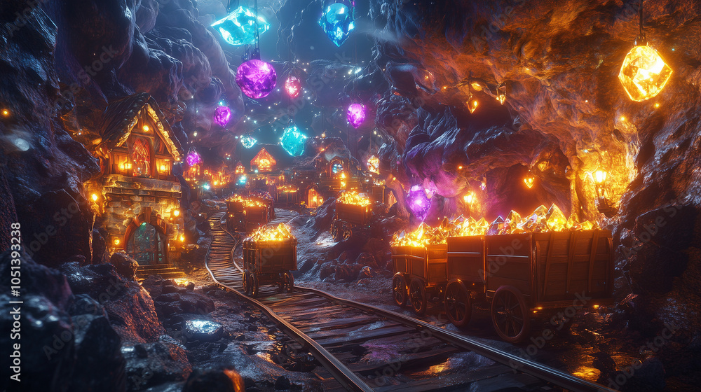 Obraz premium Village de nains fantasy dans une grotte remplie de pierres précieuses et de forges lumineuses