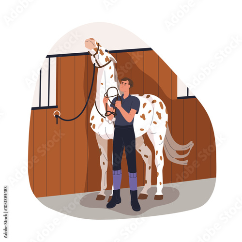 Horse tossing, rising head while rider putting bridle on. Disobedient equine behavior problem. Stallion resisting handling with harness. Flat vector illustration isolated on white background