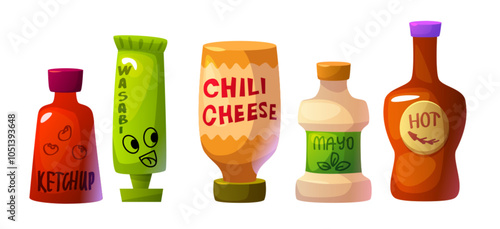 Hot chili sauce bottle. Red spicy ketchup vector. Chilly cheese and mexican spice mayonnaise condiment in container isolated on white background. Organic mayo package with wasabi tube for cooking