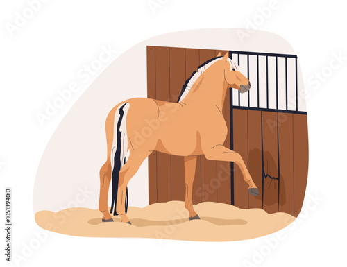 Stable vices, horse kicking and damaging stall door with leg, hoof. Bad disobedient behavior. Mischievous naughty equine problem, breaking barn. Flat vector illustration isolated on white background