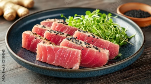 Seared Ahi Tuna Slices on Microgreens: Professional Food Photography with Deep Blue Ceramic Plate, Pickled Ginger, and Black Sesame Seeds in Clean Composition.