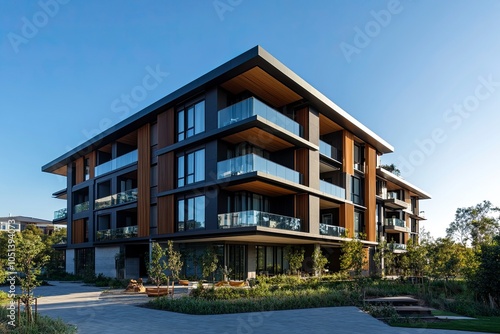 Modern apartment building against a clear blue sky. Residential building architecture. Urban real estate. New build block of flats. Modern living neighbourhood. generative ai