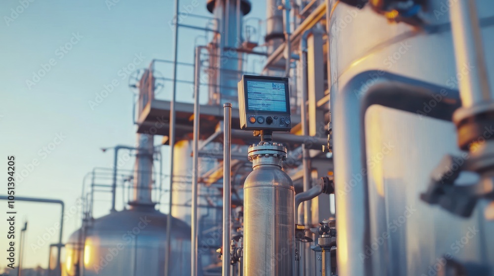 Temperature gauge amidst industrial processing units Temperature gauge amidst industrial processing units