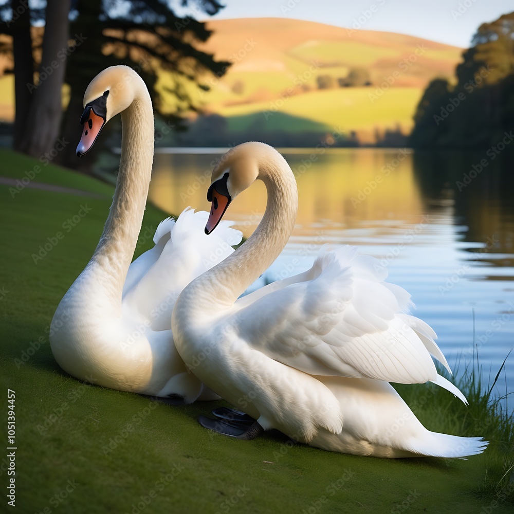 Fototapeta premium Discover the serene beauty of nature with this captivating image of two swans resting peacefully on the grassy shore of a tranquil lake. Their heads nestled into their wings, the swans exude an aura