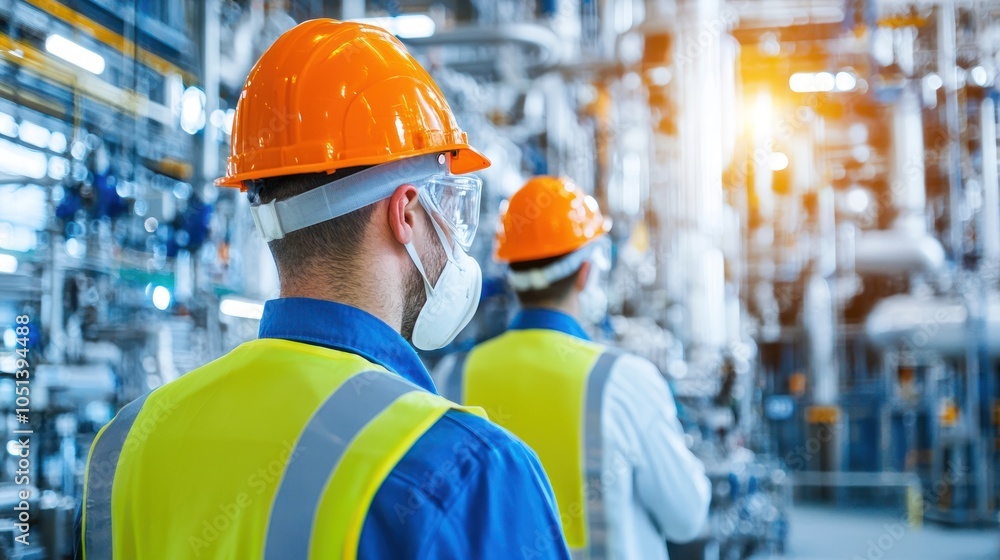 Safety gear-clad workers in high-tech production plant Safety gear-clad workers in high-tech production plant