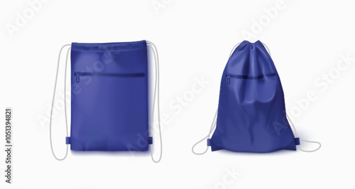 Drawstring backpack mockup. String pouch sport bag for gym. 3d fabric sack on rope realistic isolated illustration. Blank nylon fitness rucksack design for branding. Carry clothes on strap with pocket