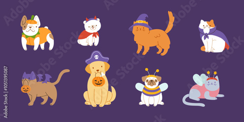 Set of cute pets in halloween costume. Halloween flat cats and dogs cartoon vector collection.