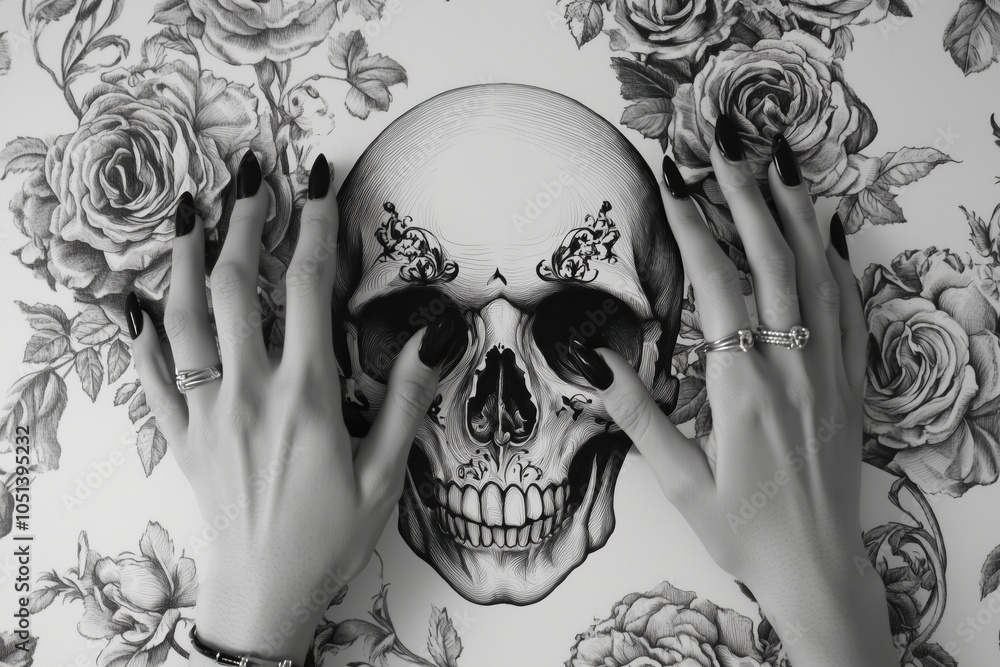 Fototapeta premium Black and white Baroque tattoo of skull and roses