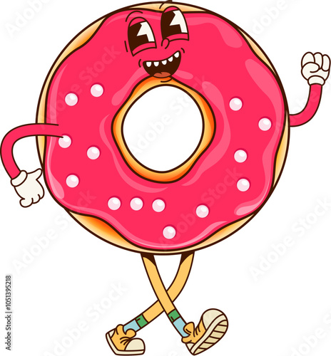 Groovy fast food donut character. Isolated cartoon vector energetic doughnut pastry dessert personage with funky smile, vibrant pink glaze and sprinkles, embodies a 70s vibe, with a wide, cheery smile