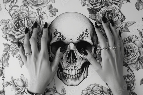 Black and white Baroque tattoo of skull and roses photo