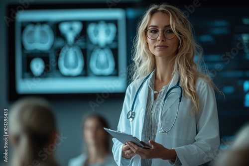 Confident physician presents brain scans in a lecture