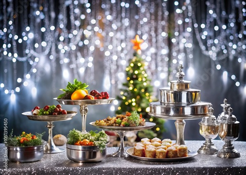 Glistening silver podium adorned with vibrant tinsel showcases exquisite food arrangements, lavish table settings, and chic decor, offering breathtaking inspiration for stunning food photography.