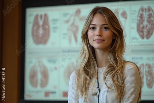 Young professional showcasing anatomical brain charts photo