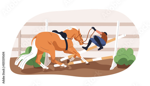 Horse stopping at barrier and refusing to jump. Disobedient equine behavior, equestrian rider falls off, accident. Refusal, failure at obstacle. Flat vector illustration isolated on white background