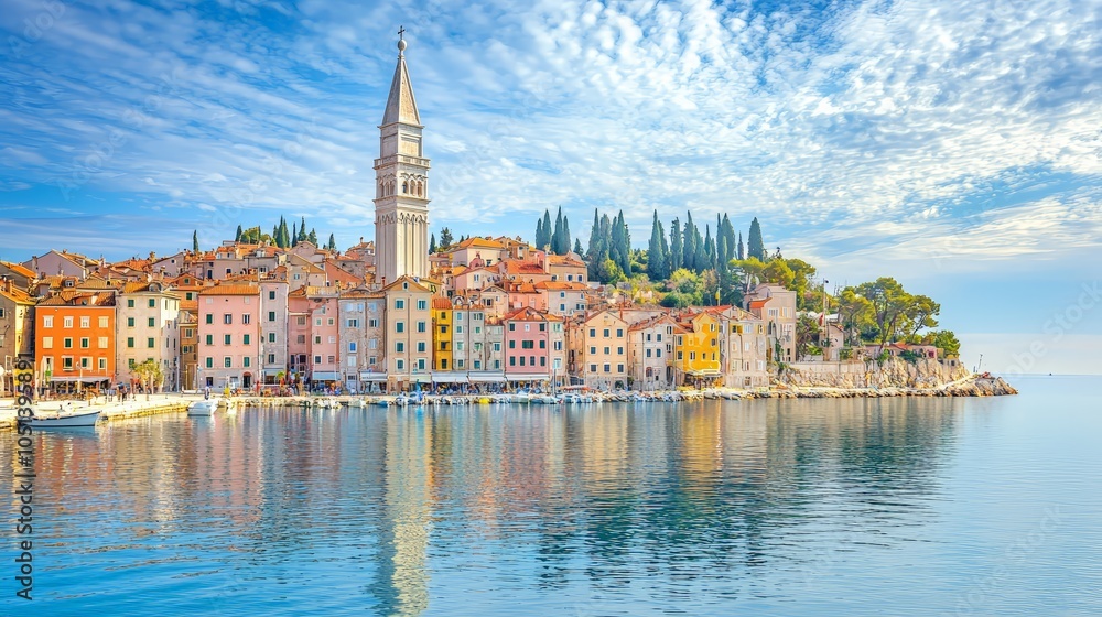 Fototapeta premium Aerial view of Rovinj with church tower