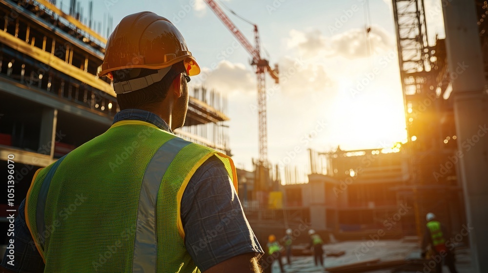 Fototapeta premium Construction worker inspecting site at sunset lighting
