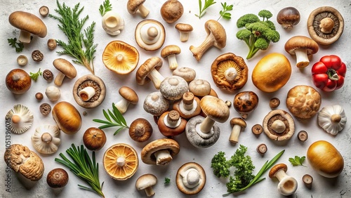 Wallpaper Mural Gourmet Flying Mushroom Collection - Culinary Champignon Delicacies on White Background, Fresh Organic Mushrooms, Culinary Art, Gourmet Food Photography, Delicious Ingredients Torontodigital.ca