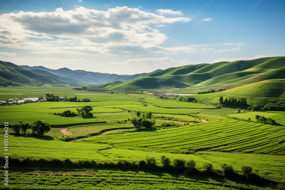 Obraz premium rural landscape of green rolling hills, with diverse crops and vibrant fields in bright blue sky.