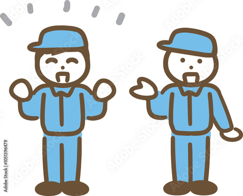 仲間を紹介している作業服の男性