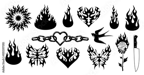 Tribal y2k tattoo set including fire, hearts, chains, butterflies, rose, knife and bird. Vector black flame-themed silhouettes, retro symbols of passion, danger and rebellion with bold fiery shapes