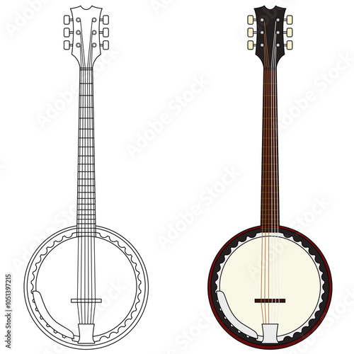 Banjo instrument vector illustration. Six string banjo guitar design