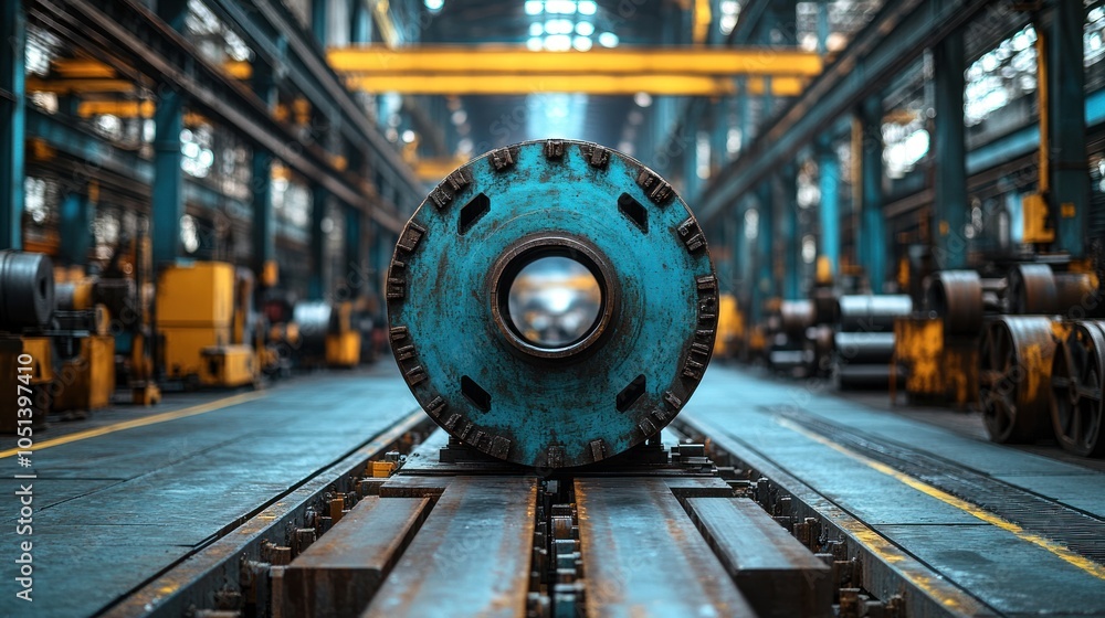 Industrial setting featuring a large, rusty wheel on tracks. Industrial setting featuring a large, rusty wheel on tracks.