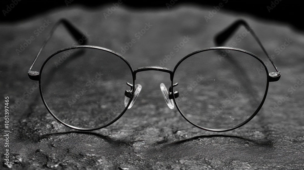 Round Eyeglasses on Black Surface Minimalist Design Black and White Photo Round Eyeglasses on Black Surface Minimalist Design Black and White Photo